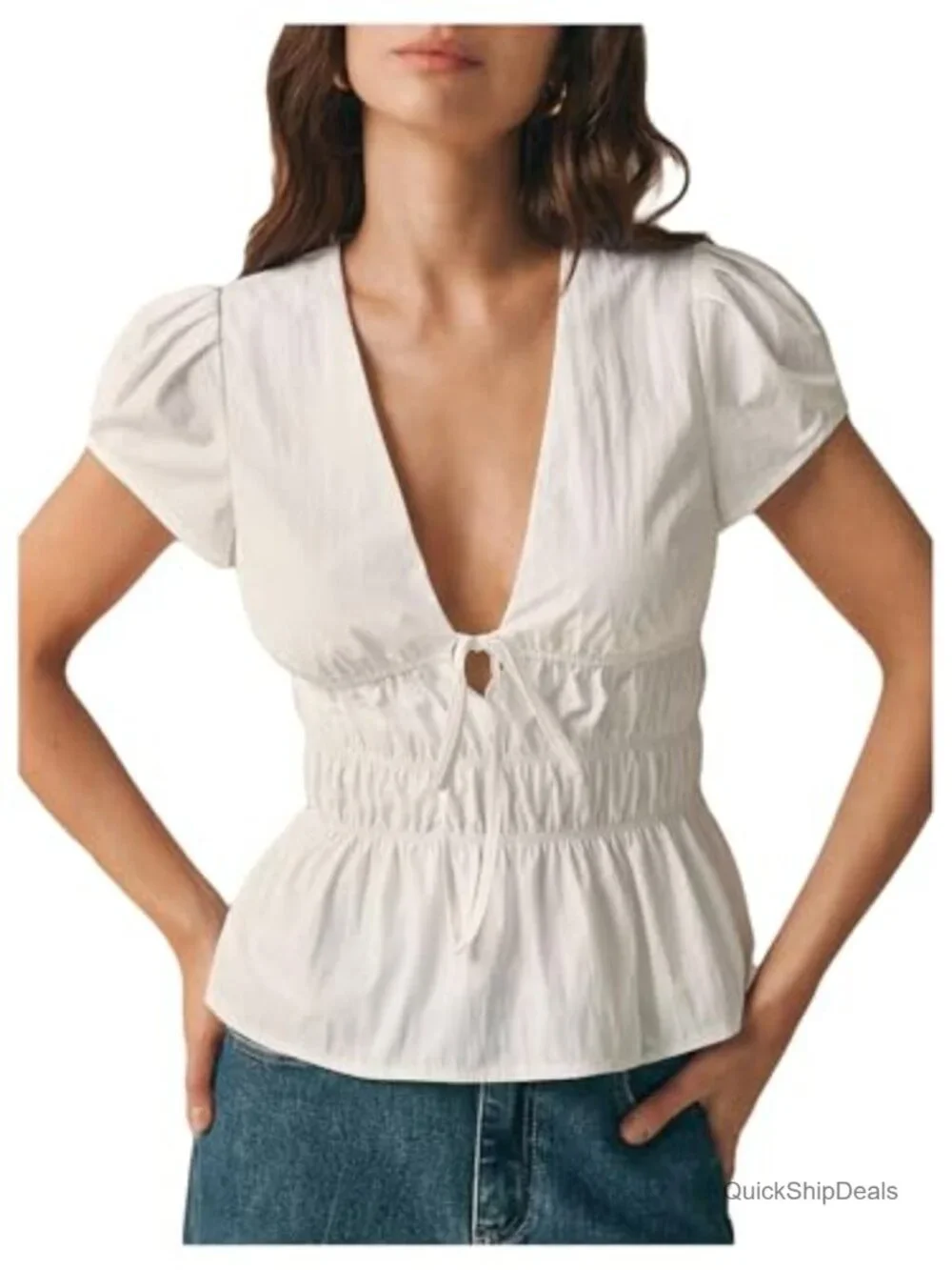 Women's Peplum Puff Sleeve Babydoll Top Deep V Neck Tie Front Going Out Blouse
